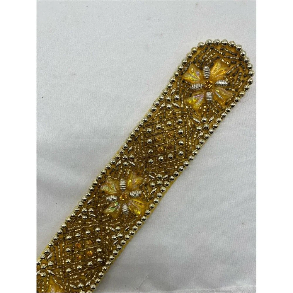 Vintage NWOT 1970s Yellow Gold Beaded Floral Wide Belt